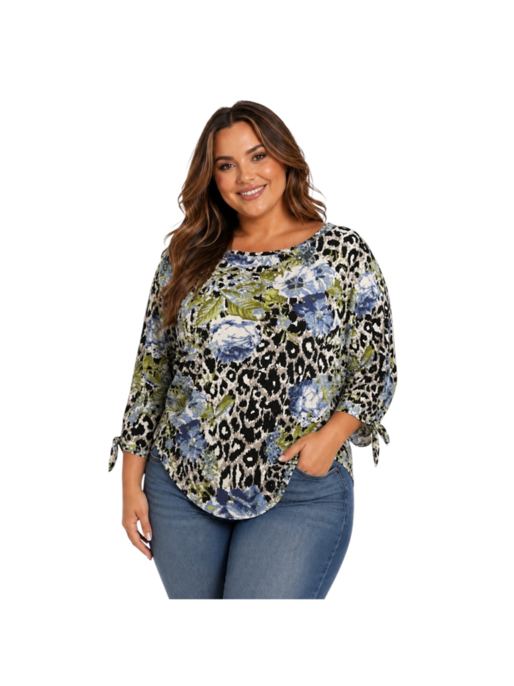 Hot Cotton XL Floral Leopard Print Knit Top Tie Sleeve Plus Size Blouse